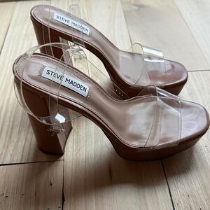 Steve Madden Tan and Clear Strap Block Heels